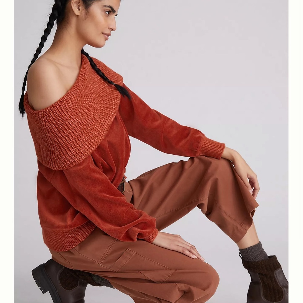 Anthropologie Daily Practice Terracota One Shoulder Pullover Velvet Sweater - Picture 10 of 10